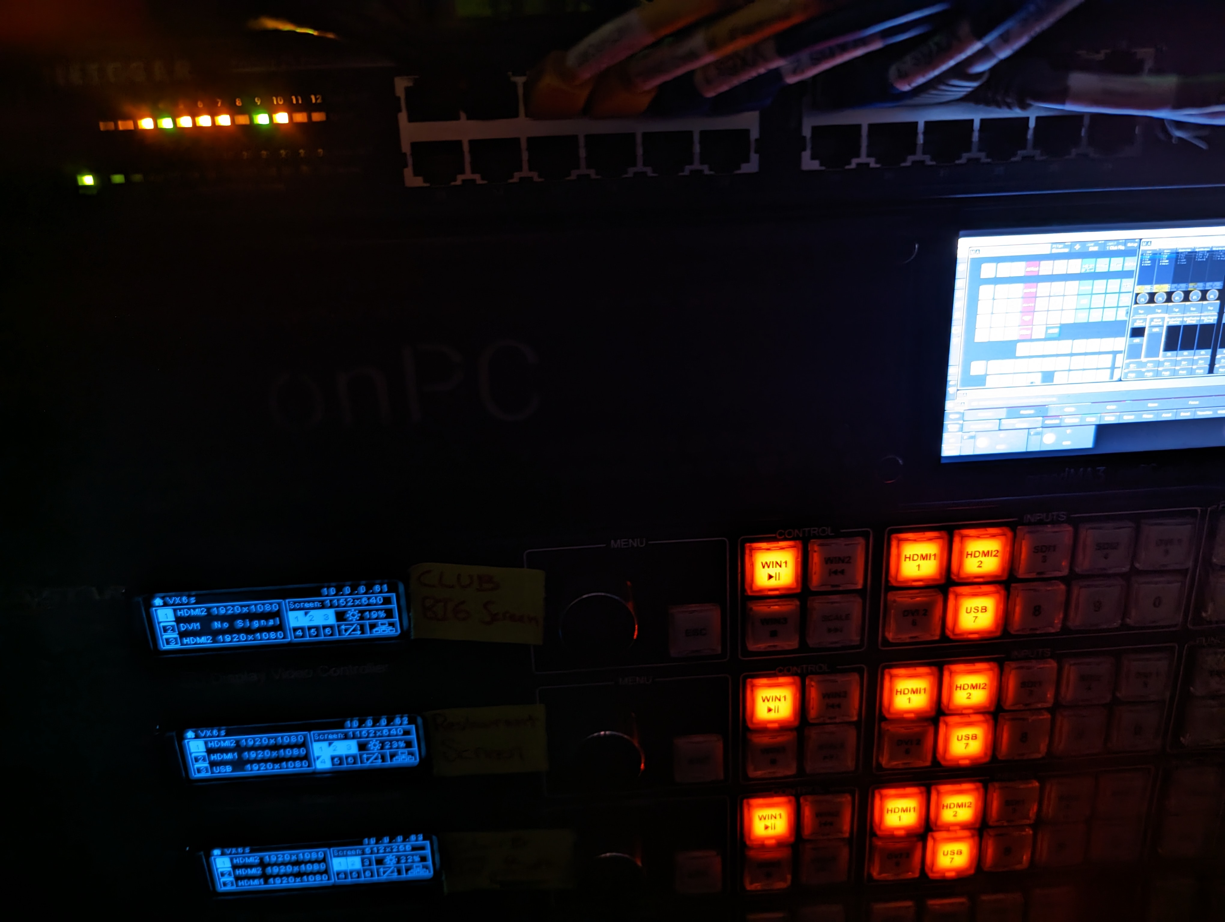 FOH video control — monitors and processor panel