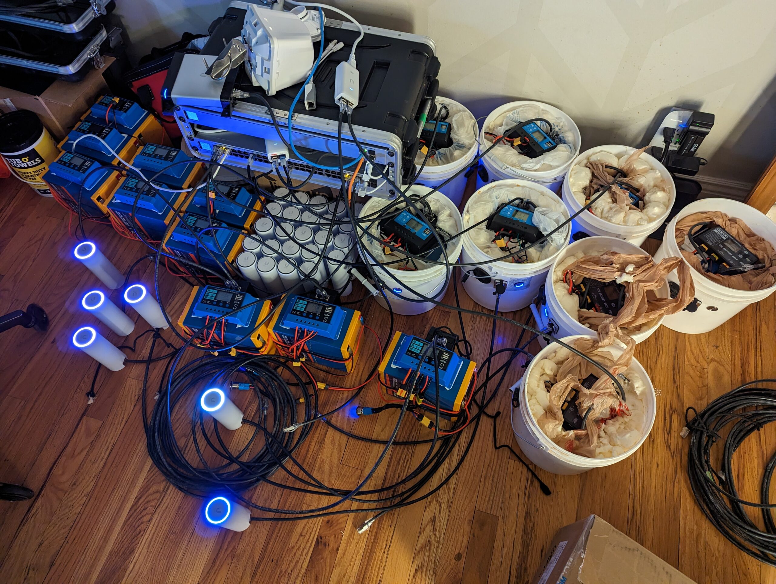 Wireless battery uplights prepped for an event