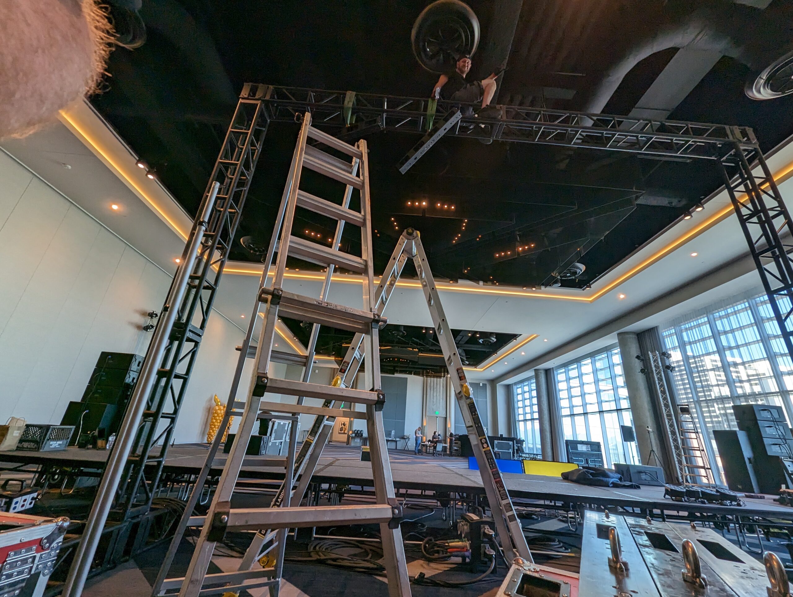 Overhead truss and LED screen install in progress