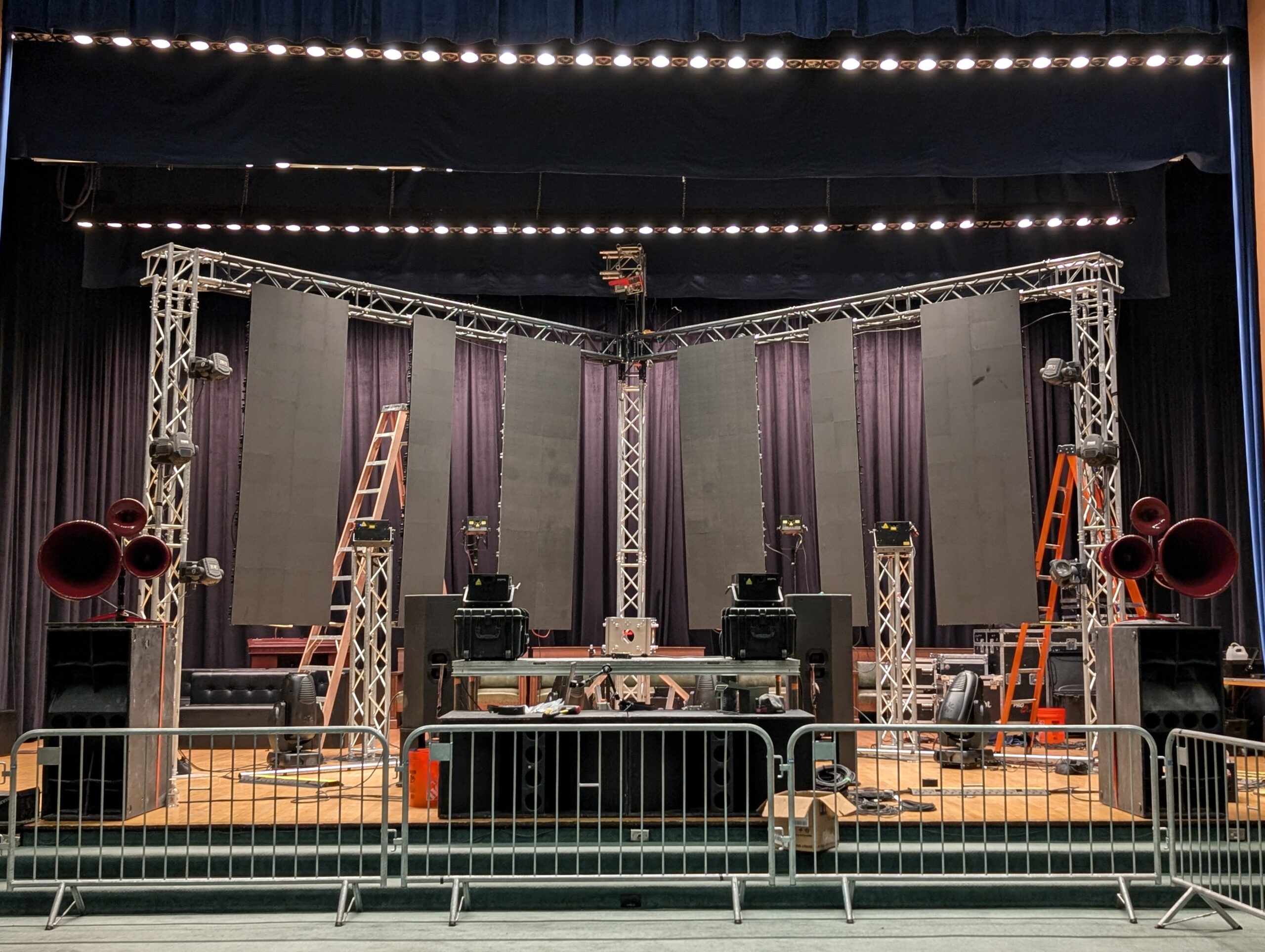 Theater stage with truss and marquee lighting