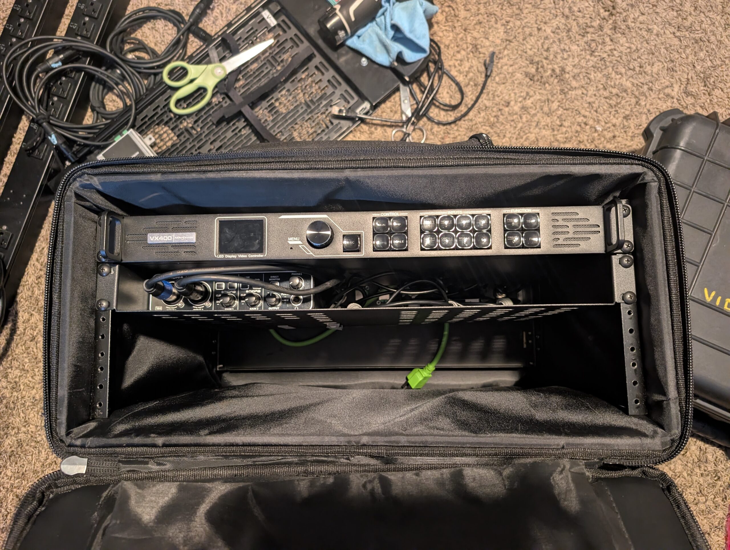 Video processor rack mounted in road case
