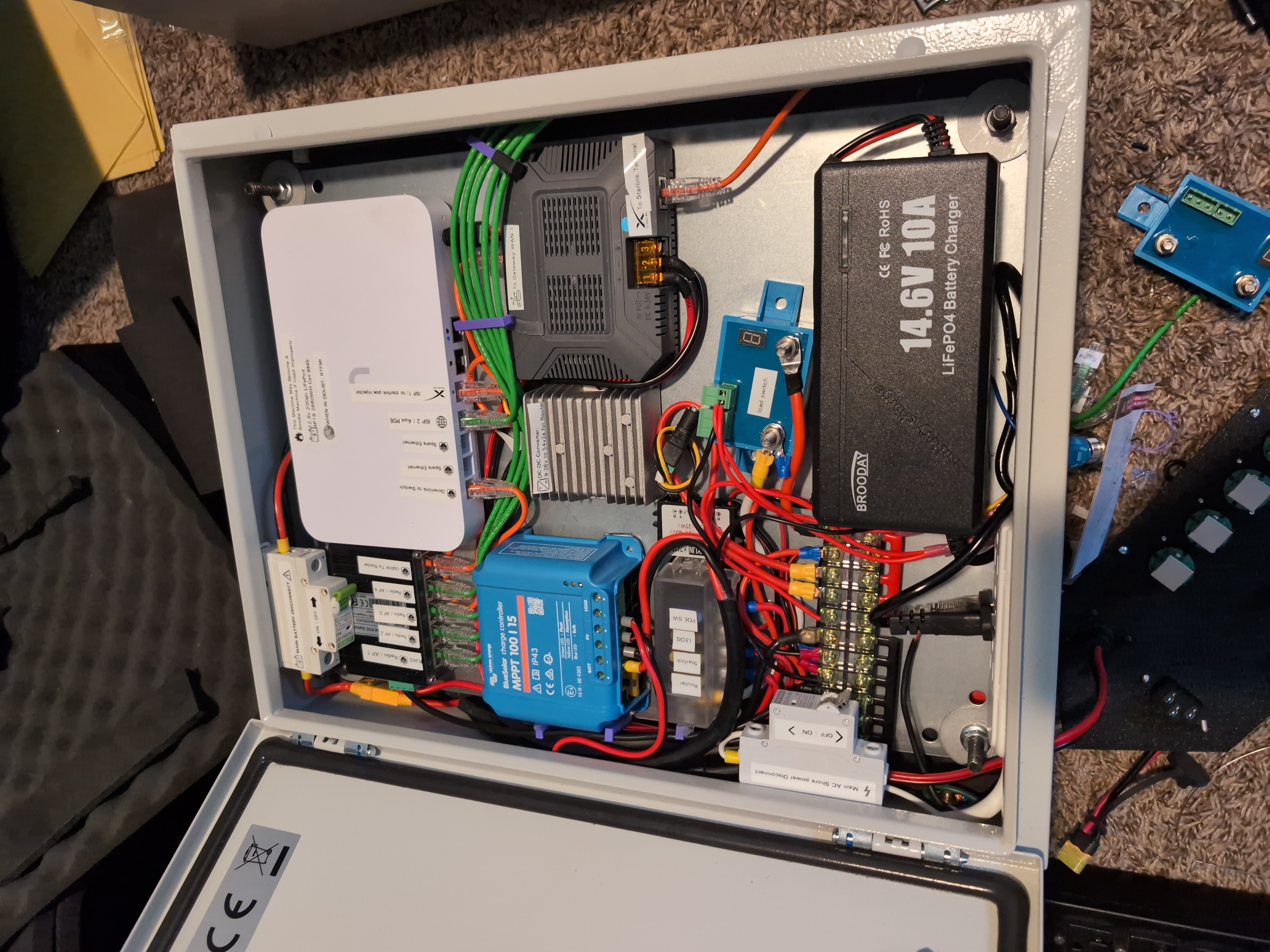 Inside a LinkSwarm MINI case — battery, access point, switch