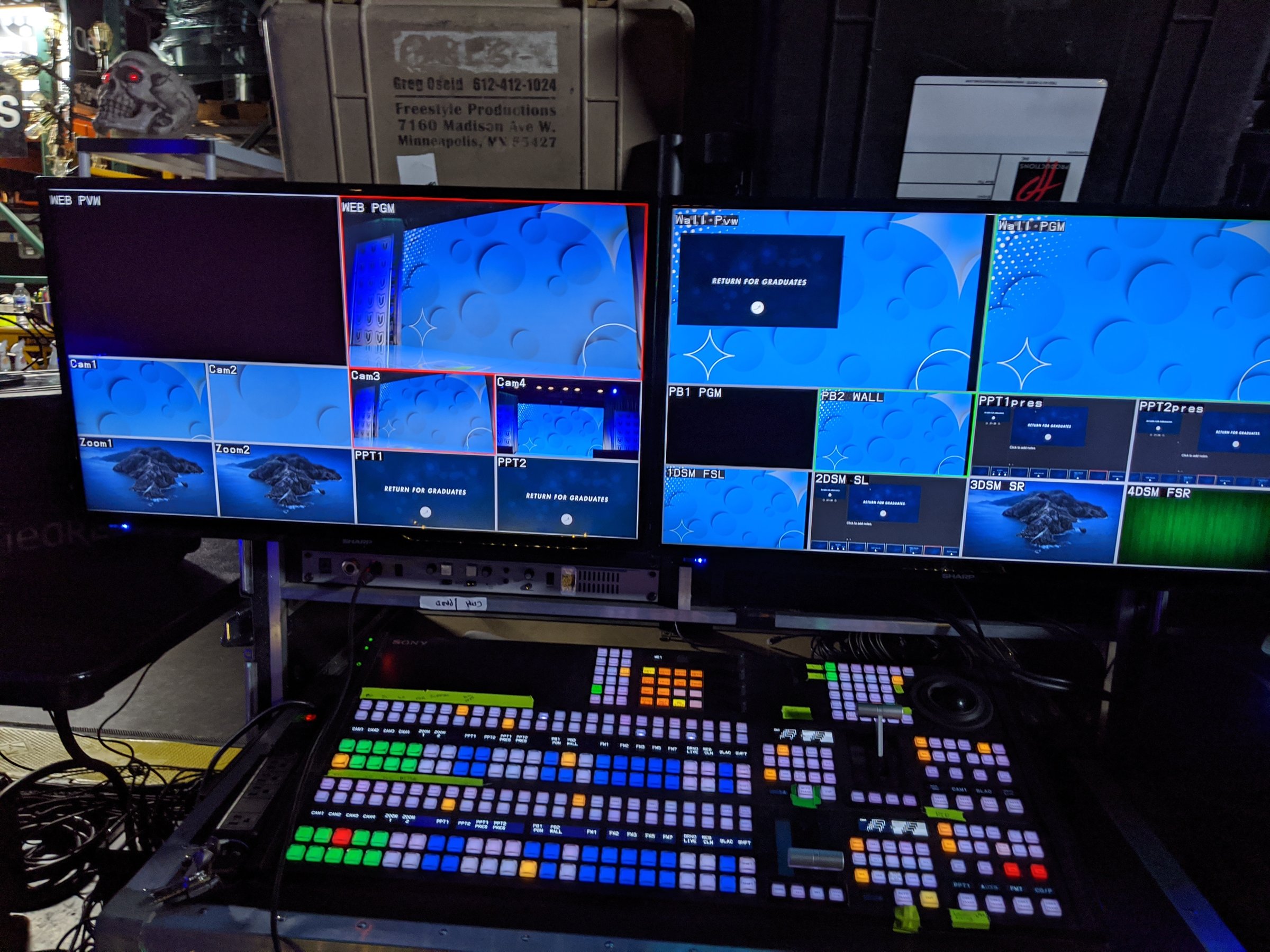 Video switcher panel and multiviewer at the camera director position during a livestreamed conference