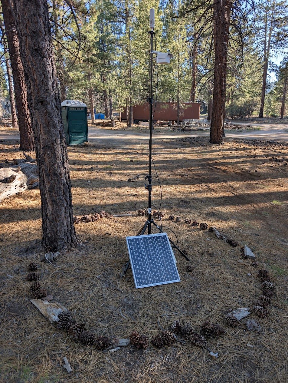 Tripod mast with solar panel deployed in a pine forest