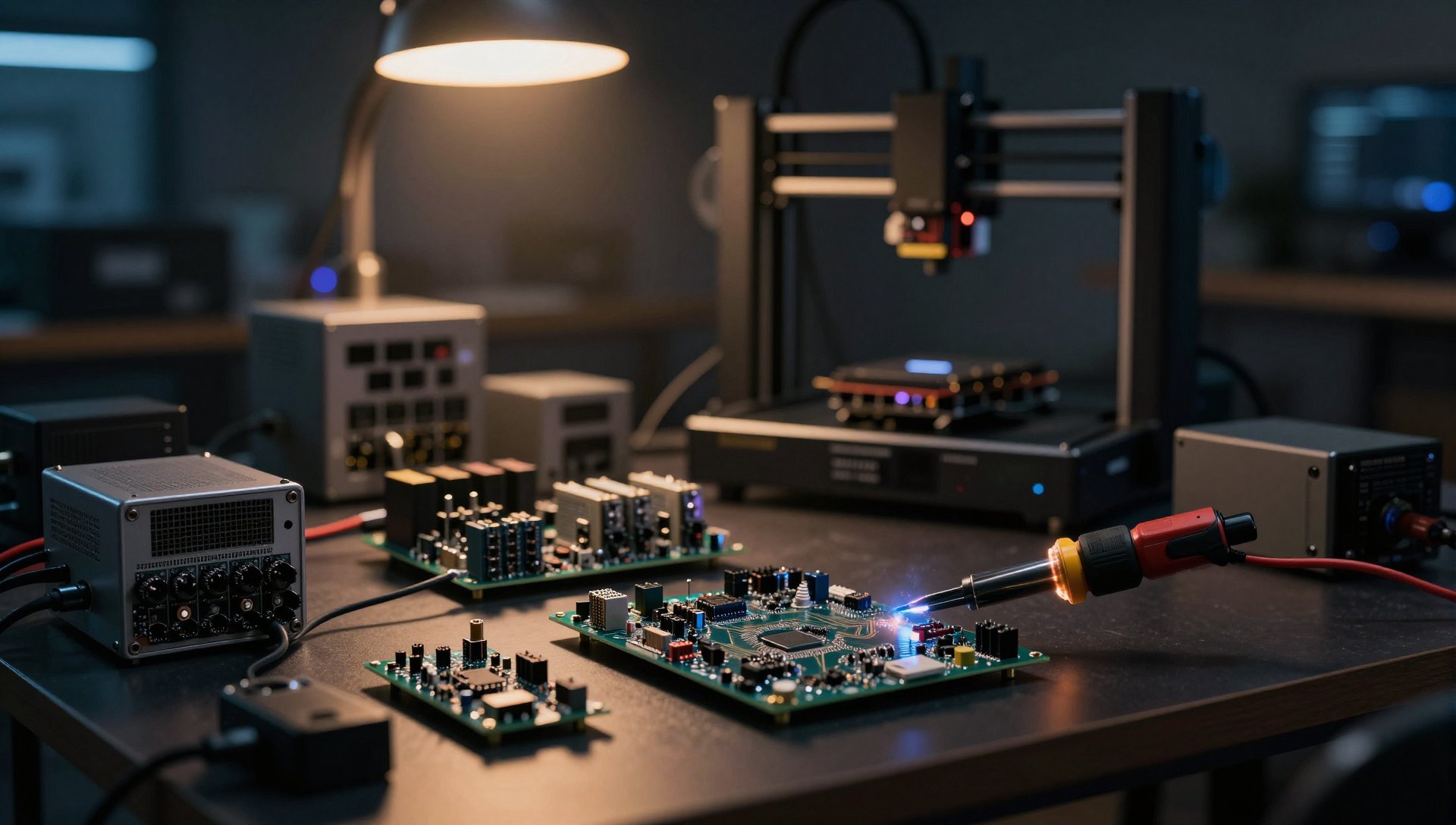 Electronics workshop bench with circuit boards, network gear, and a 3D printer
