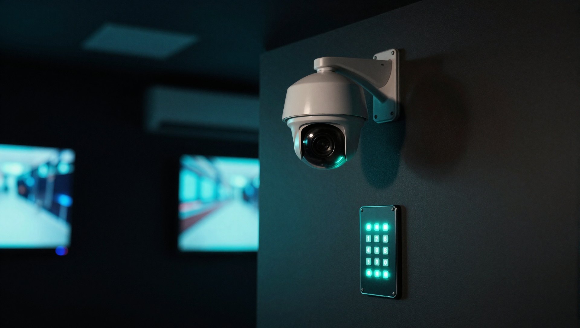 Security camera and glowing access keypad on a teal-lit wall