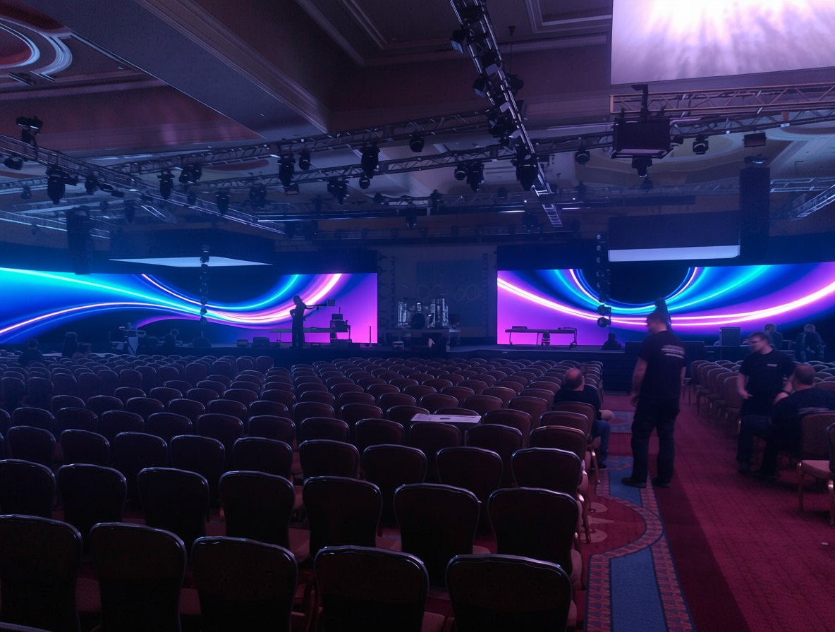 Corporate general session ballroom with sweeping LED video walls