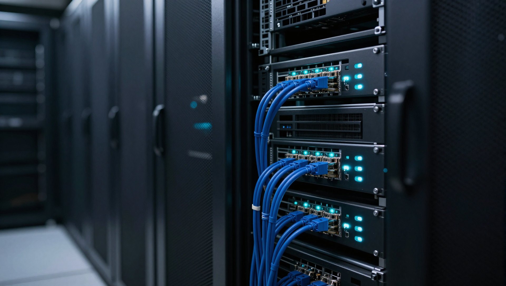 Dark server rack with dressed blue cabling and cyan status LEDs